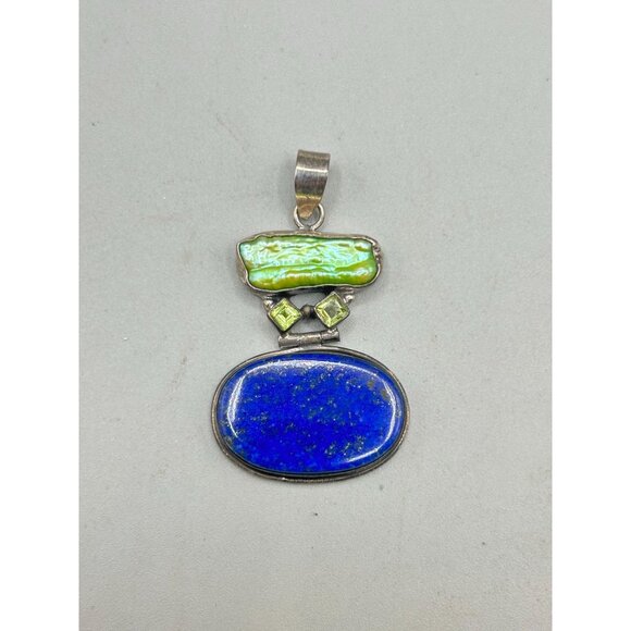 Lapis Lazuli & Green Dyed Pearl Sterling Silver Pendant 2" Charm Pendant - Picture 2 of 6